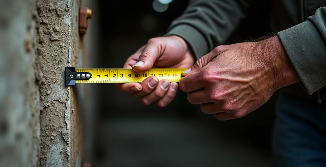 Professionnel utilisant un niveau laser pour mesurer l'ouverture d'un garage