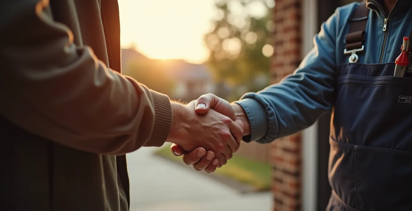 Poignée de main professionnelle entre client et installateur de porte de garage
