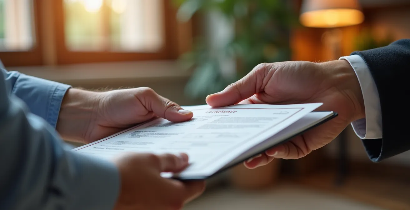 Professionnel montrant ses documents de certification à un client