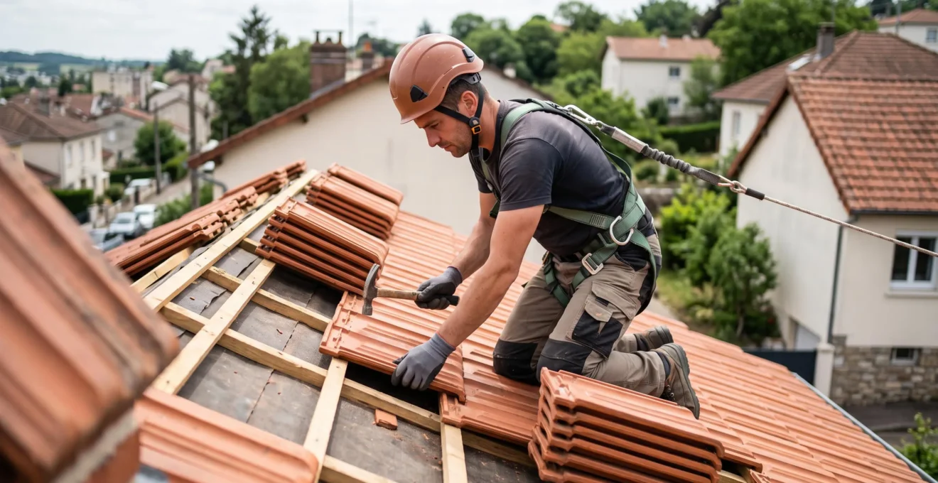 Un couvreur professionnel installant des tuiles sur une toiture en pente lors d'une rénovation résidentielle en France