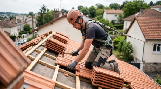 Un couvreur professionnel installant des tuiles sur une toiture en pente lors d'une rénovation résidentielle en France